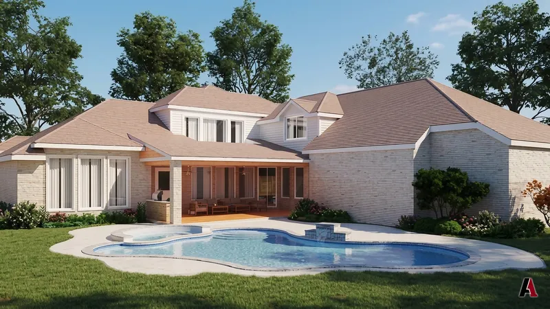 Photorealistic rendering of a brick home from the backyard with a covered patio and free-form pool, designed by A1 Design and Construction