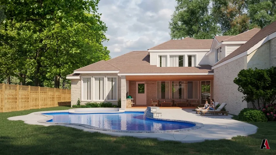 Rendering of a backyard pool with a covered patio and spa by A1 Design and Construction