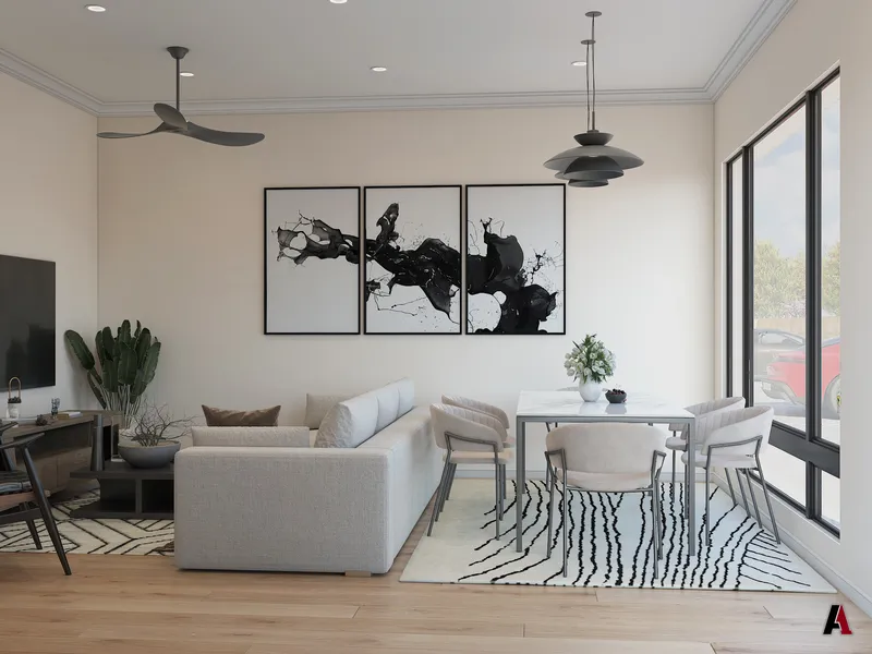 Rendering of a townhome dining area and living room with black-and-white wall art, designed by A1 Design and Construction