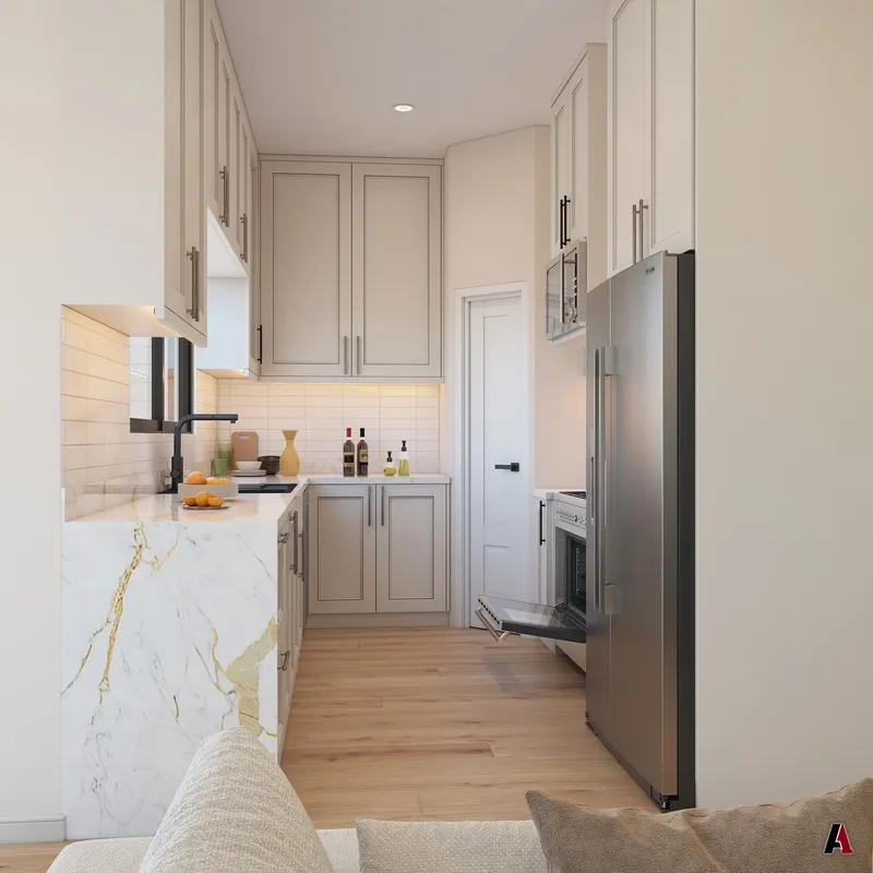 Rendering of a townhome kitchen, designed by A1 Design and Construction