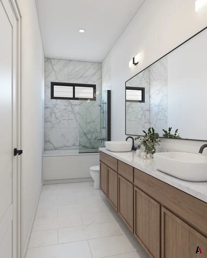 Rendering of a townhome secondary bathroom with a double vanity and tub-shower, designed by A1 Design and Construction
