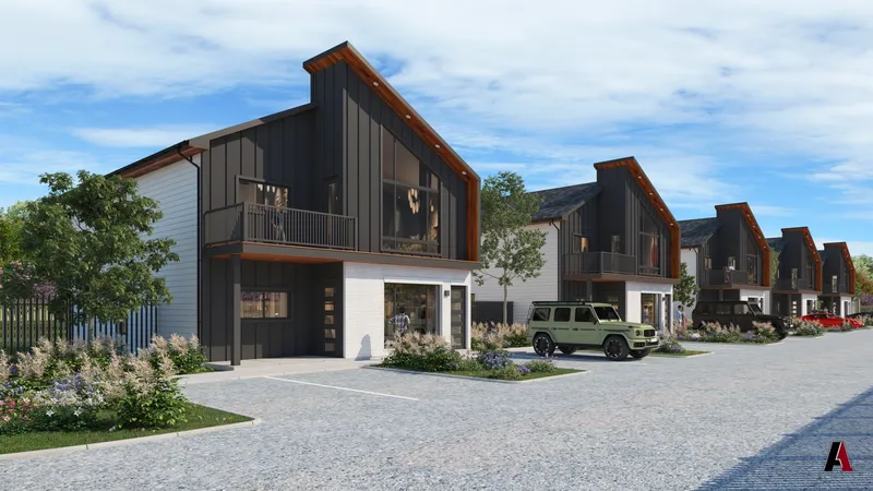 Rendering of a row of two-story shed-roof townhomes with dark board-and-batten siding, balconies and landscaped parking, designed by A1 Design and Construction