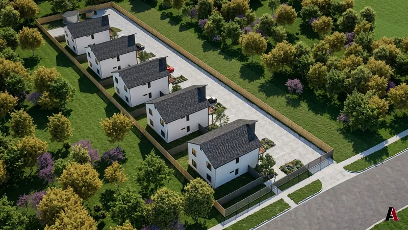 Photorealistic aerial rendering of five townhomes on a wooded lot with a shared drive and landscaping, designed by A1 Design and Construction