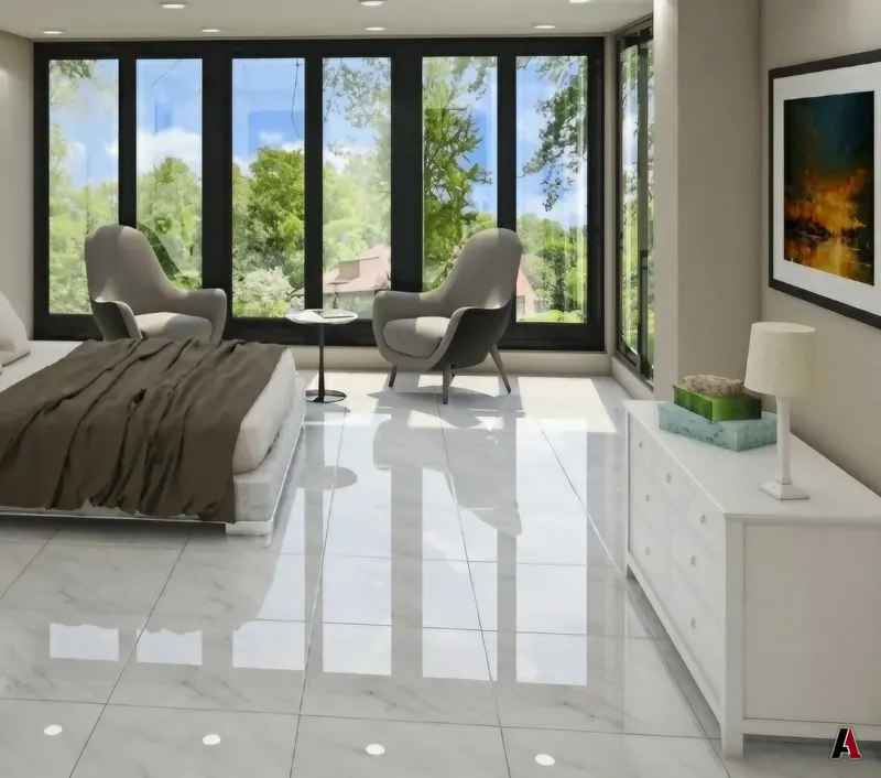 Rendering of a bedroom suite with a floor-to-ceiling window wall, lounge chairs and a marble floor, designed by A1 Design and Construction