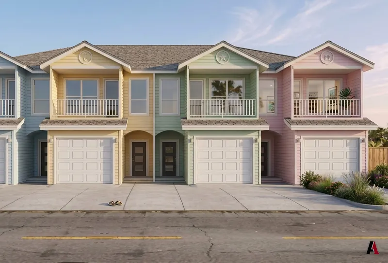 Photorealistic daytime rendering of a coastal fourplex in pastel colors with balconies and garages, designed by A1 Design and Construction
