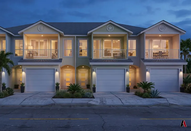 Photorealistic dusk rendering of a coastal fourplex with balconies, garages and warm porch lights, designed by A1 Design and Construction