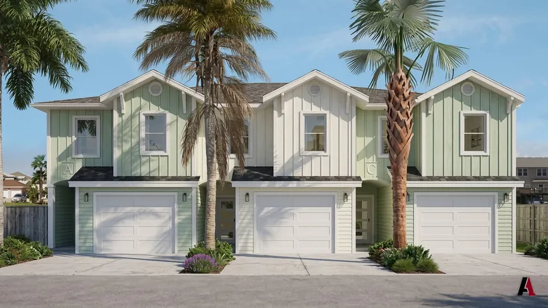 Photorealistic rendering of three coastal townhomes in pastel board and batten siding with palm trees, designed by A1 Design and Construction