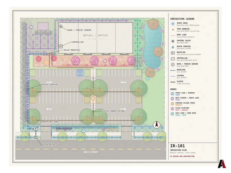 Colored commercial irrigation plan for a retail center with spray zones, tree bubblers and drip by A1 Design and Construction