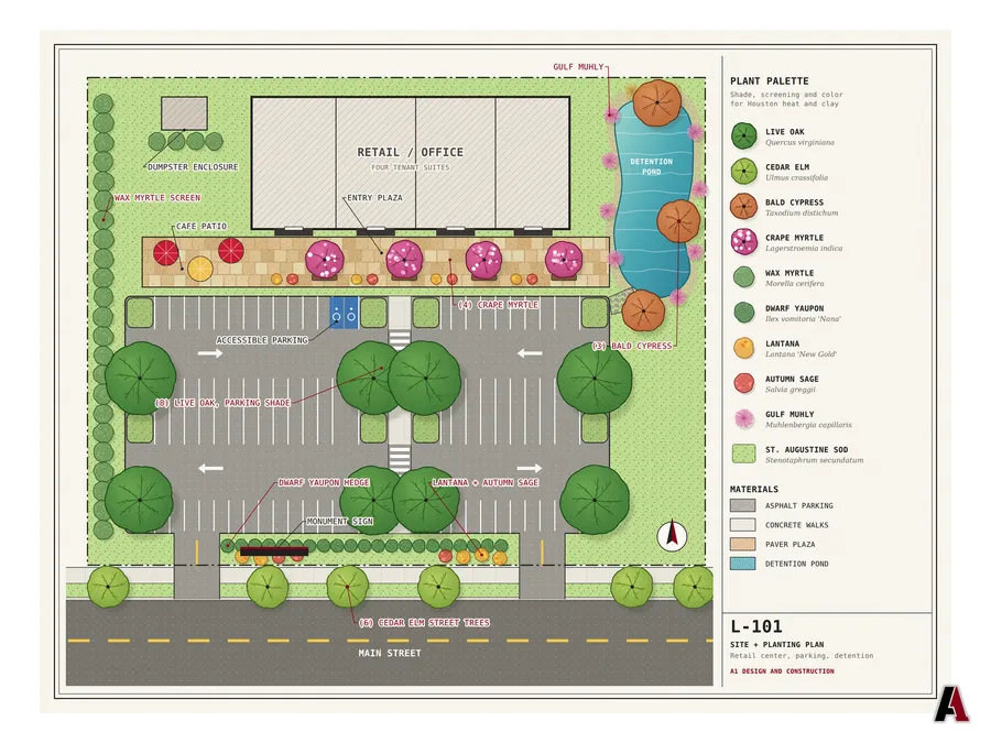Colored commercial landscape site plan with shaded parking, entry plaza and detention pond by A1 Design and Construction