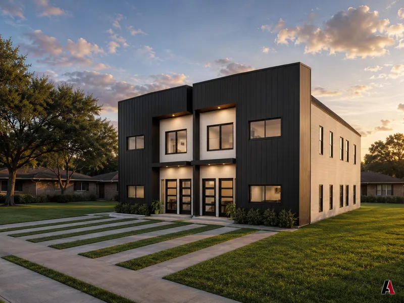 Front view of a contemporary black-clad duplex at sunset, designed by A1 Design and Construction