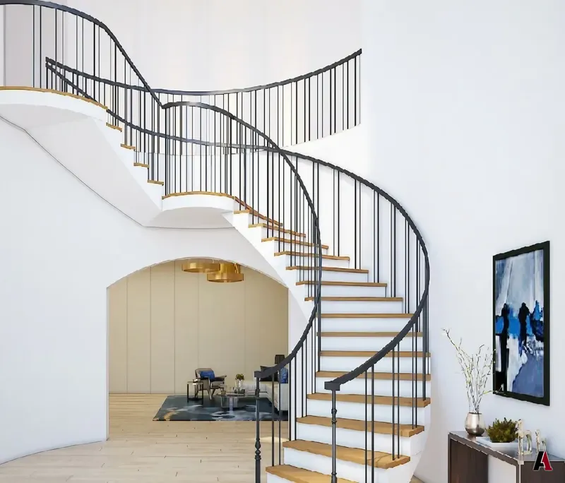 Rendering of a curved staircase with oak treads and a black railing in a white entry hall, designed by A1 Design and Construction