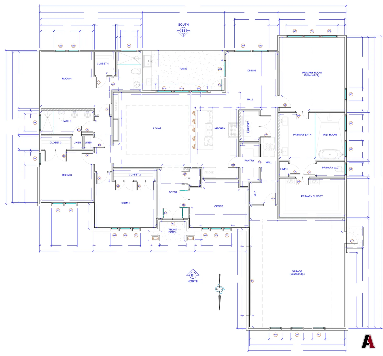 Floor plan drawing of a four-bedroom home with an office, patio and two-car garage, by A1 Design and Construction