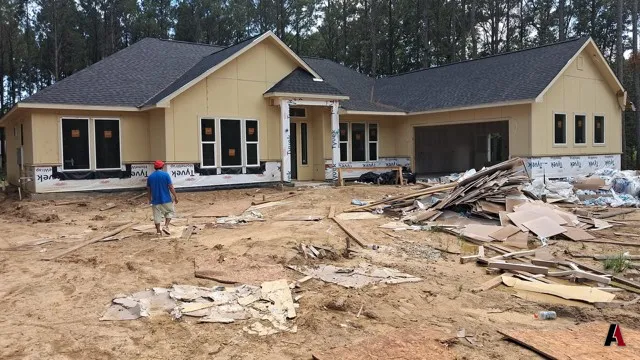The Dayton home under construction, with the shingles on and the siding going up