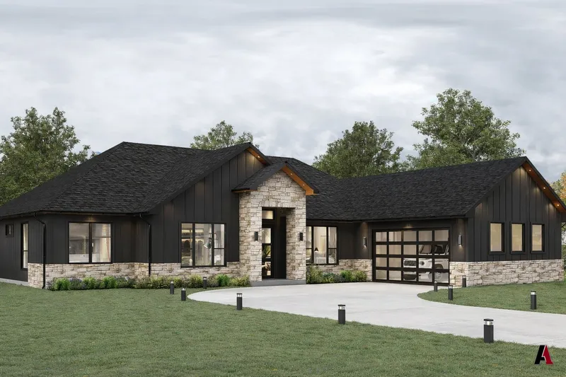 Rendering of a single-story home with dark siding, a limestone entry and a landscaped front yard, designed by A1 Design and Construction