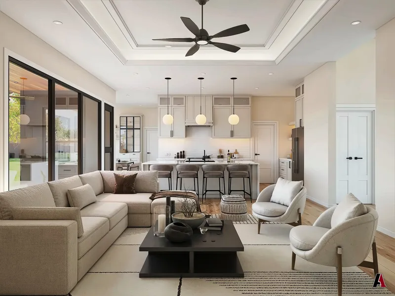 Rendering of an open kitchen and living room with a tray ceiling, pendant lights and a sectional sofa, designed by A1 Design and Construction