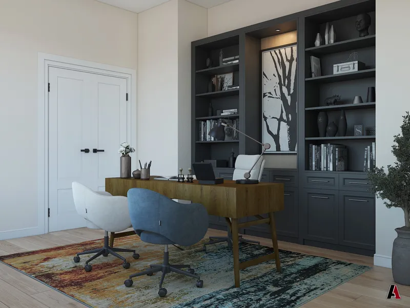 Rendering of a home office with built-in shelving and a desk, designed by A1 Design and Construction