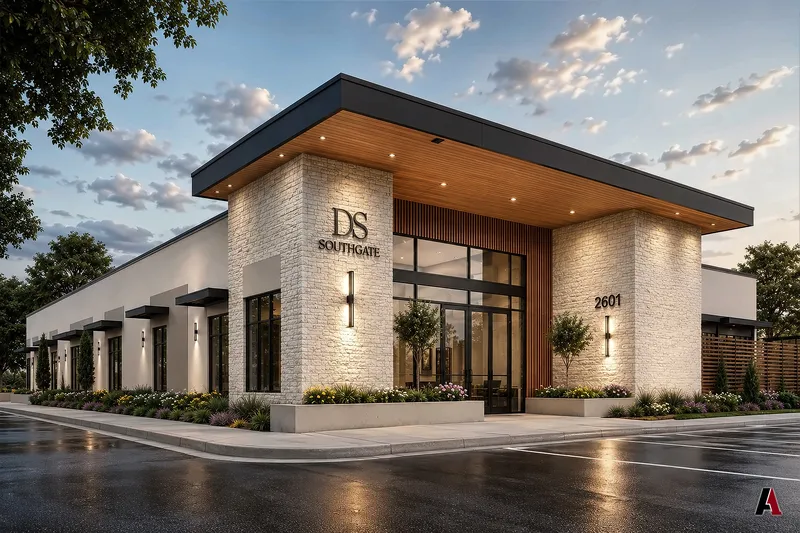 Rendering of a dental office with white limestone piers, a wood soffit canopy and a glass entry at dusk, designed by A1 Design and Construction