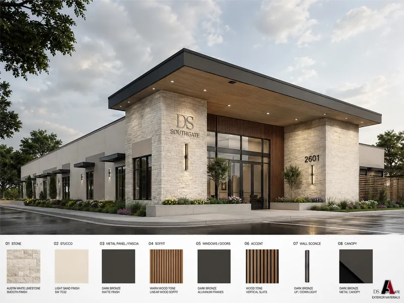 Dental office rendering with its exterior materials board: limestone, stucco, metal panel, wood soffit and bronze storefront, designed by A1 Design and Construction