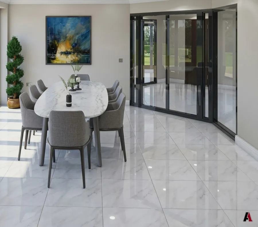 Rendering of a dining room with a marble floor and folding glass walls by A1 Design and Construction