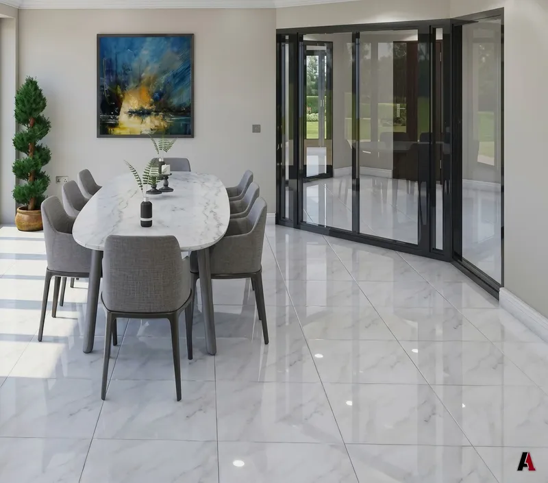 Photorealistic rendering of a dining room with a marble floor, an oval table and folding glass walls, designed by A1 Design and Construction