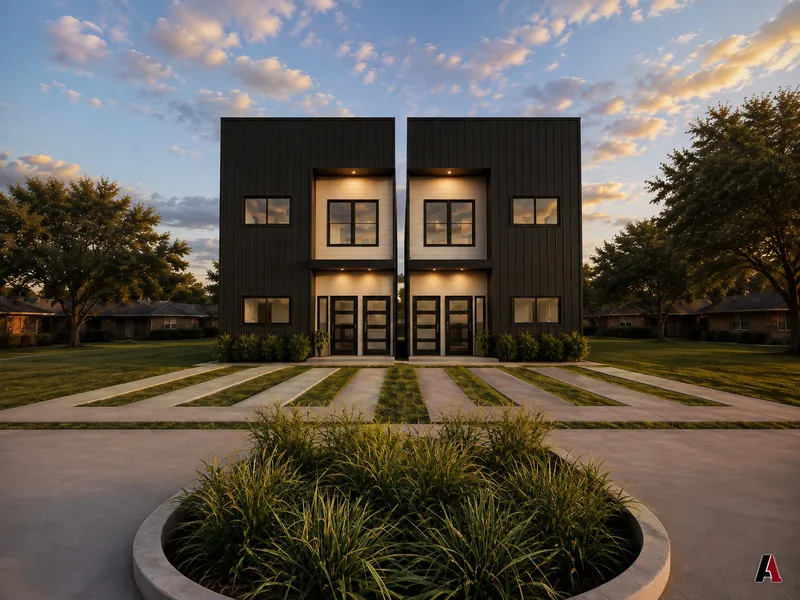 Sunset rendering of a contemporary duplex front with twin entries, paver walks and a round planter bed, designed by A1 Design and Construction