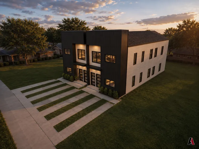Sunset aerial rendering of a contemporary two-story duplex with black vertical siding, white panels and striped lawn walks, designed by A1 Design and Construction