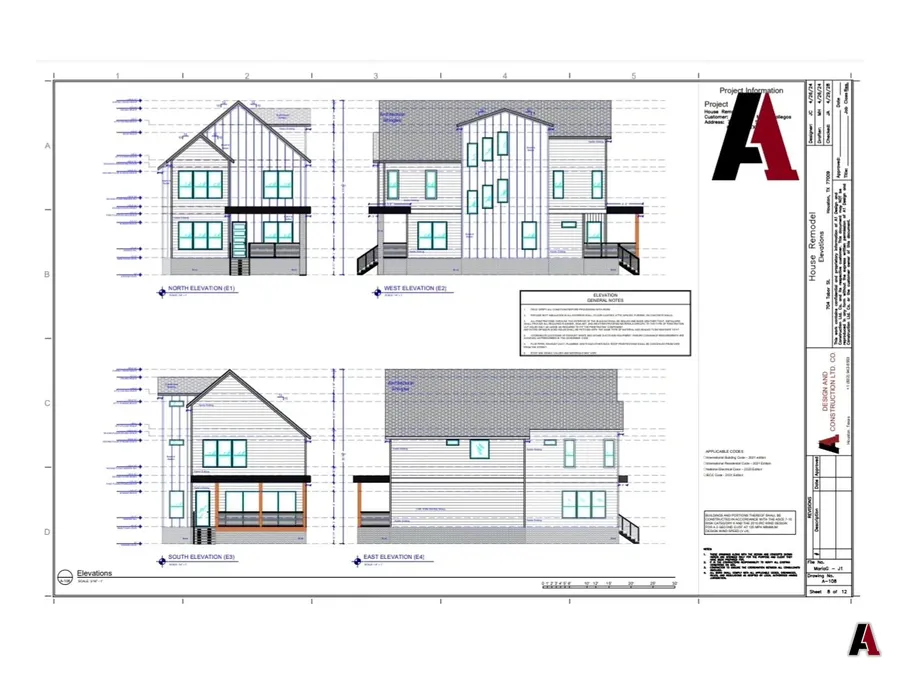 Elevation sheet A-108 for a house remodel, part of a permit drawing set by A1 Design and Construction