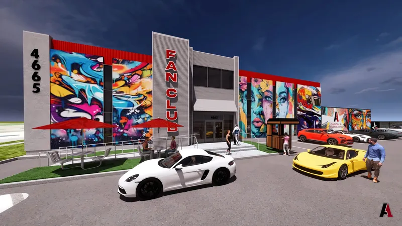 Rendering of a two-story fitness and social club with street-art murals, a red-umbrella patio and sports cars in front, designed by A1 Design and Construction