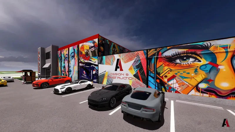 Rendering of a fitness club side wall covered in large street-art murals, including an A1 Design and Construction mural, designed by A1 Design and Construction