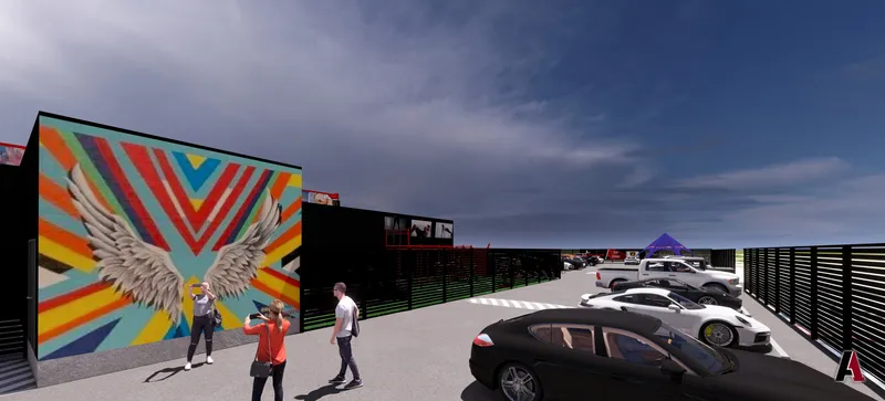 Rendering of a fitness club parking lot beside a wall mural of colorful stripes and white angel wings, designed by A1 Design and Construction