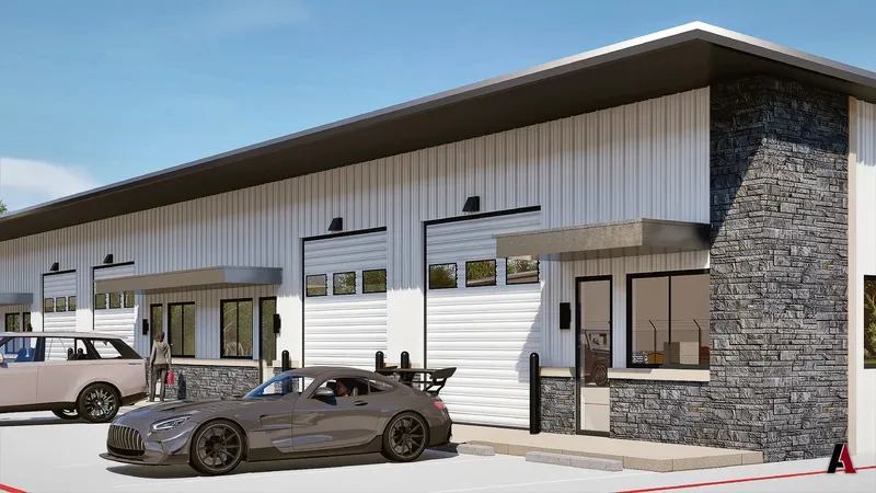 Rendering of a white metal flex building with roll-up doors, entry canopies and a stacked-stone corner, designed by A1 Design and Construction