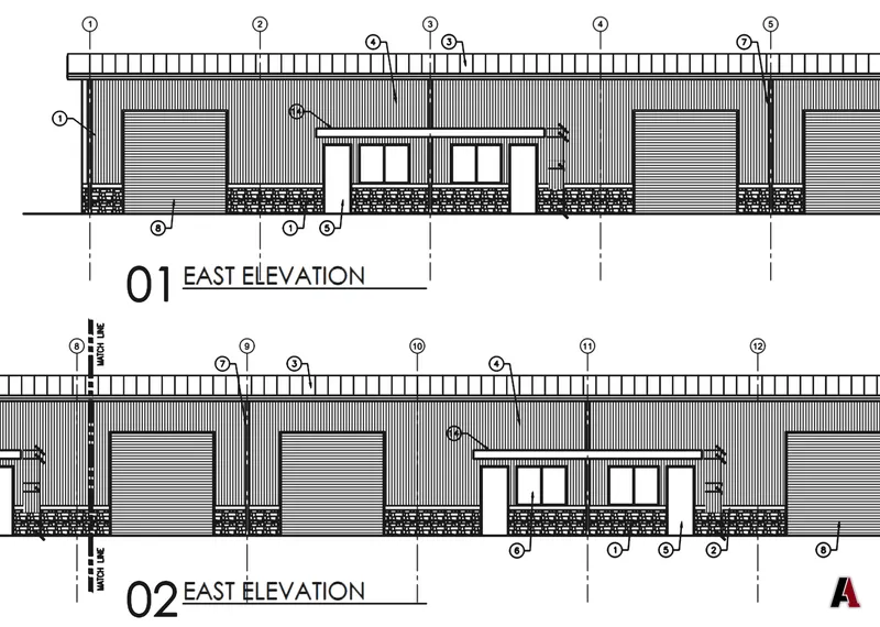 East elevation drawings of a flex suites building with metal panel walls, stone base, canopies and roll-up doors, designed by A1 Design and Construction