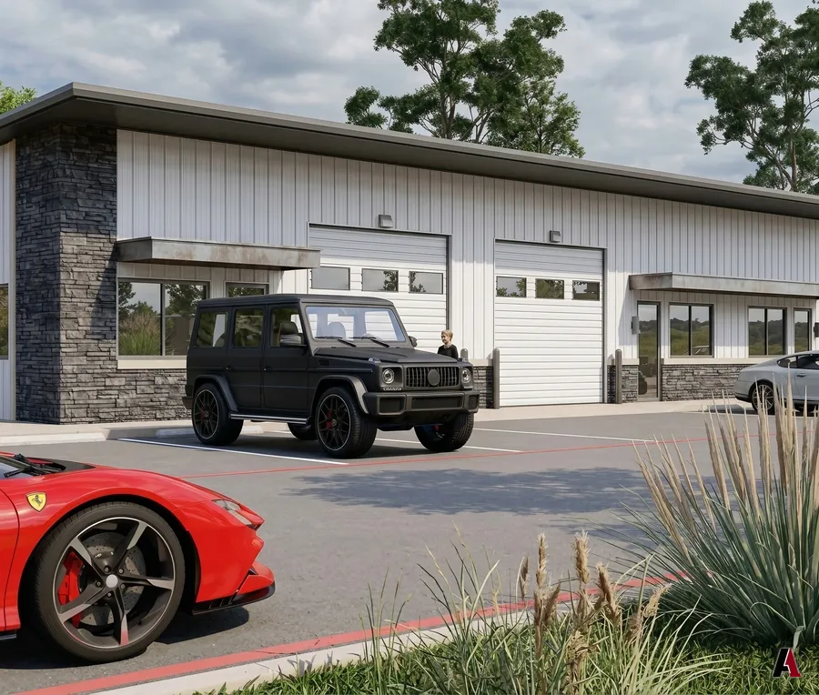 Rendering of a flex warehouse metal building with stone and glass by A1 Design and Construction