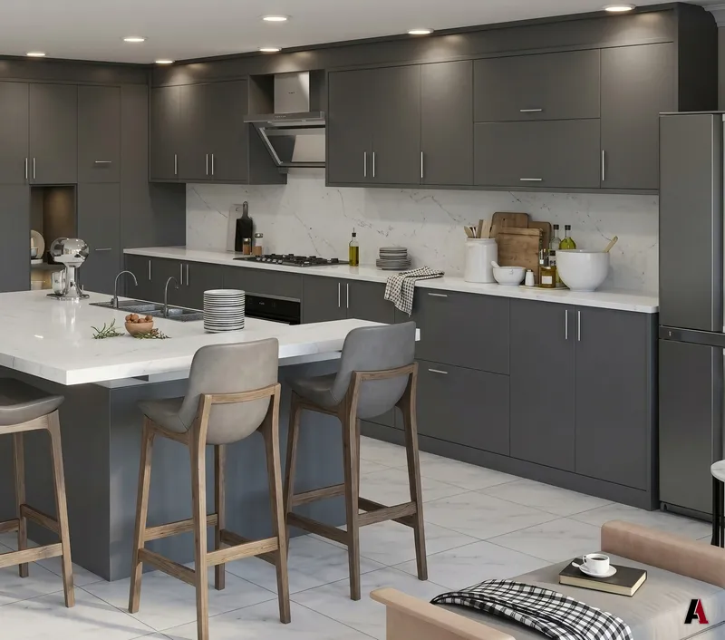 Photorealistic rendering of a gray kitchen with a large marble island, bar stools and tall cabinets, designed by A1 Design and Construction