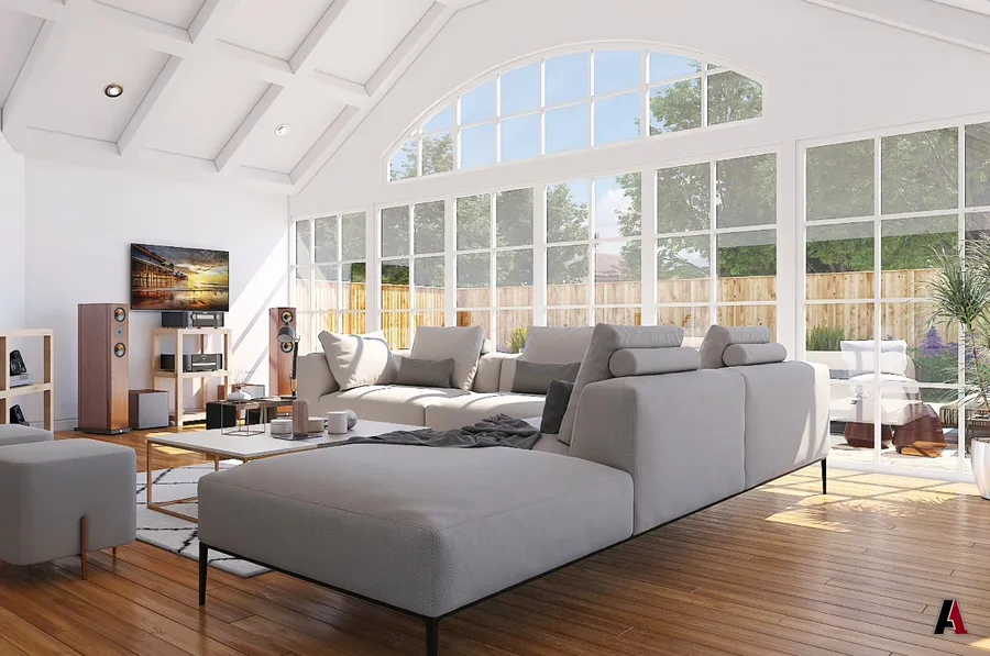 Interior rendering of a great room with a vaulted ceiling and arched windows by A1 Design and Construction