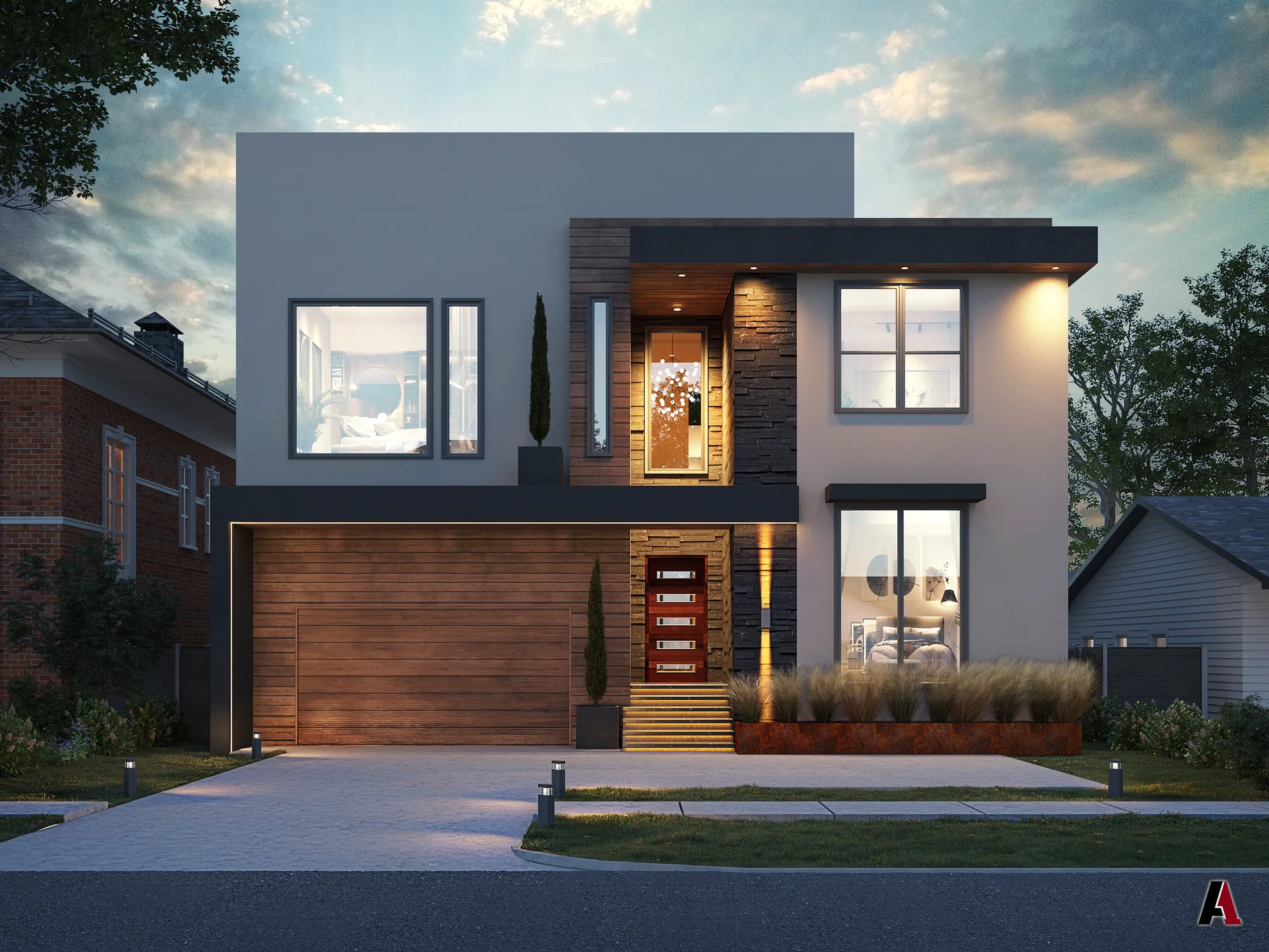 Dusk rendering of the finished modern residence with wood garage door and stone entry, designed by A1 Design and Construction