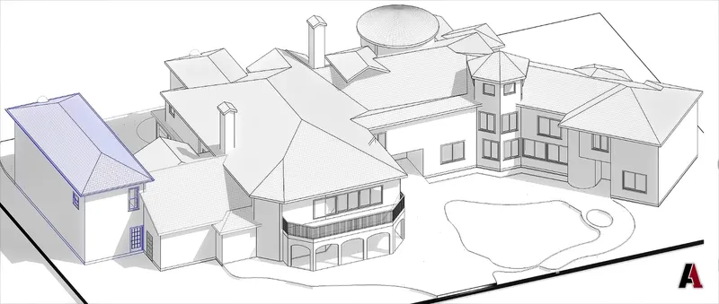 3D model of an estate home from the rear, with a free-form pool court and covered terrace, designed by A1 Design and Construction