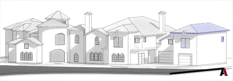 3D model of a large Mediterranean-style estate home seen from the street, with a new addition highlighted in blue, designed by A1 Design and Construction