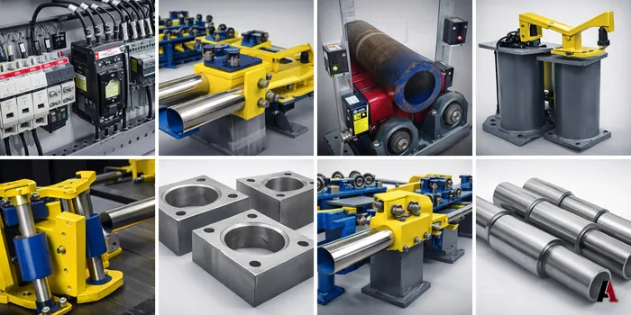 Collage of industrial work: control panel wiring, conveyor rollers, pipe-handling fixtures and machined steel parts