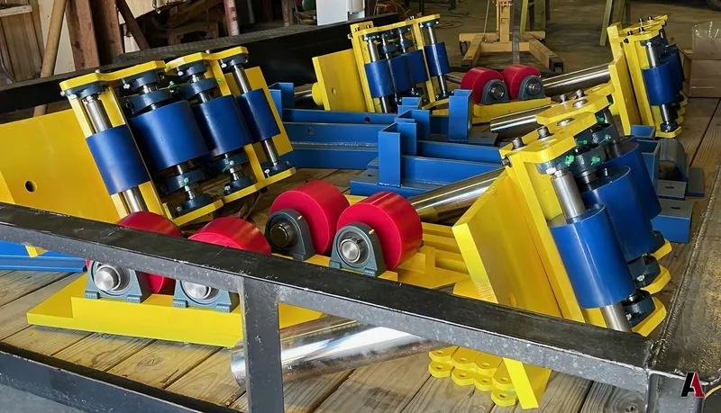 Shop-fabricated pipe roller stands painted yellow and blue with red polyurethane wheels, designed by A1 Design and Construction