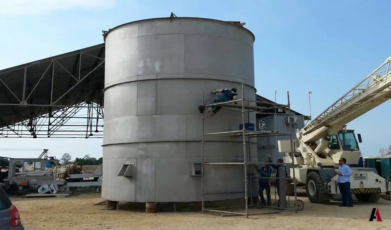 Large vertical stainless steel tank being erected on site with scaffolding and a crane, designed by A1 Design and Construction