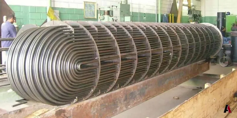 Stainless steel U-tube heat exchanger bundle on a shop fixture, designed by A1 Design and Construction