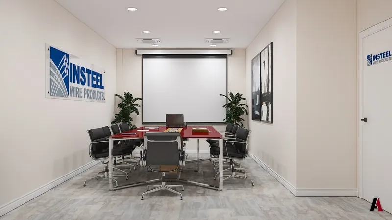 Rendering of a conference room with a red table, black chairs and a projection screen, designed by A1 Design and Construction