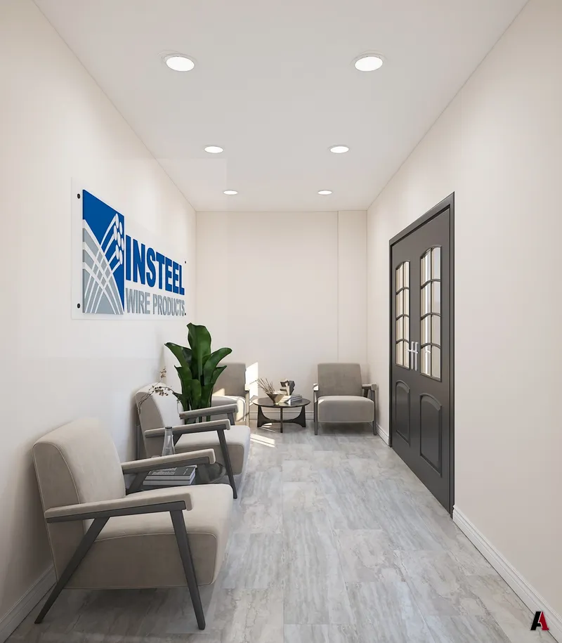 Rendering of an office reception area with lounge chairs, a glass double door and the Insteel logo wall, designed by A1 Design and Construction