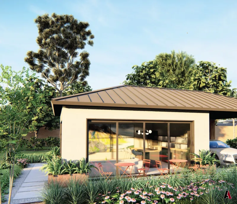 Rendering of a stucco garden casita with a metal roof, sliding glass wall, bistro seating and lush planting beds, designed by A1 Design and Construction