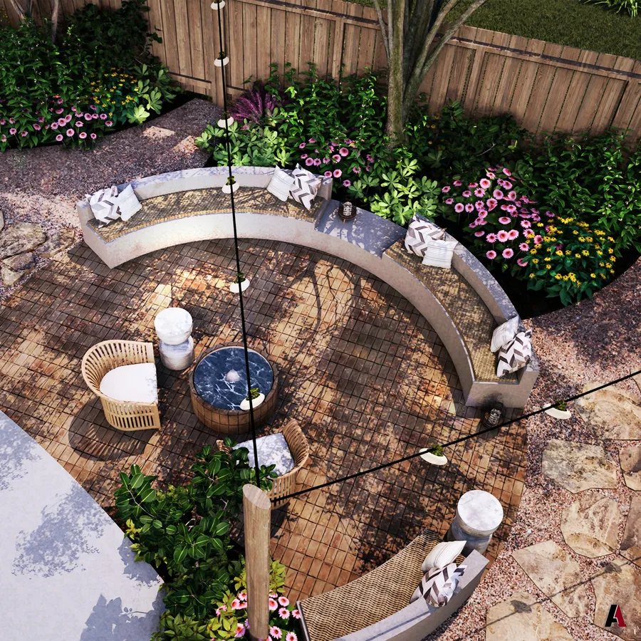 Aerial rendering of a courtyard lounge with a curved bench and fire table by A1 Design and Construction