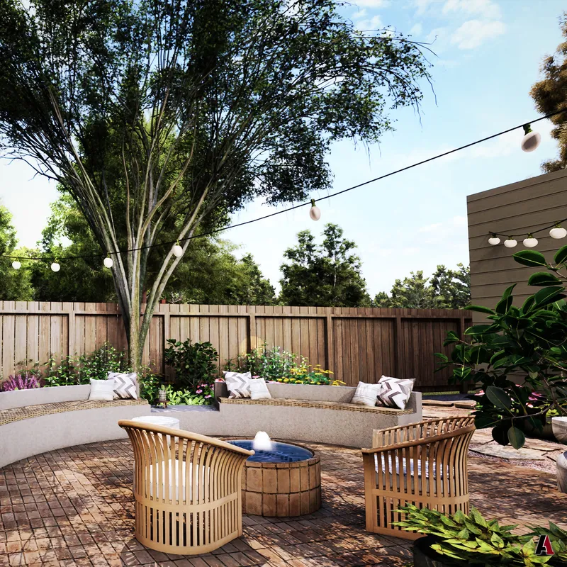 Rendering of a backyard courtyard with a curved stone bench, teak lounge chairs around a fire bowl, string lights and a shade tree, designed by A1 Design and Construction