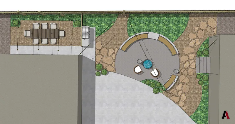 Rendered plan of a backyard courtyard with a circular seating area, a fire bowl, flagstone paths, gravel, planting and an outdoor dining area, designed by A1 Design and Construction