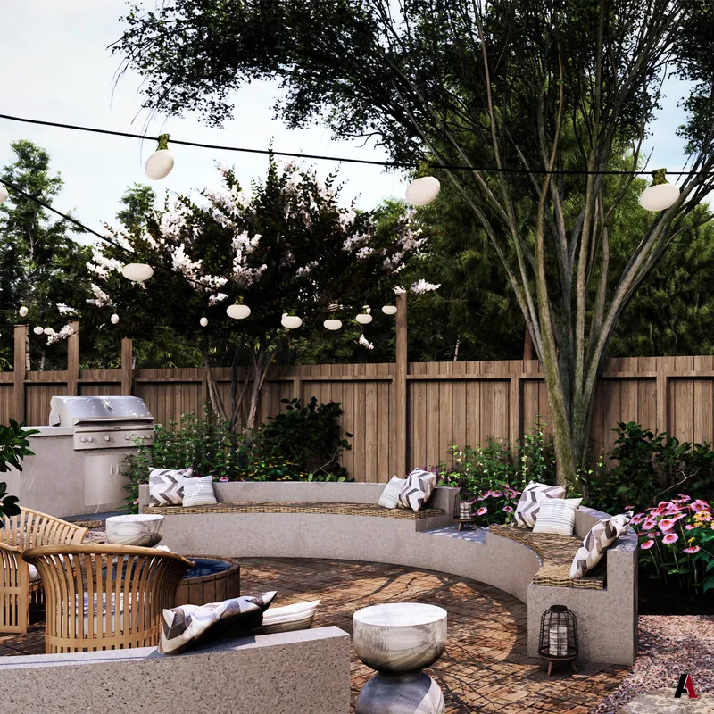 Rendering of a backyard courtyard with curved built-in seating, an outdoor grill station, a flowering crape myrtle and string lights, designed by A1 Design and Construction