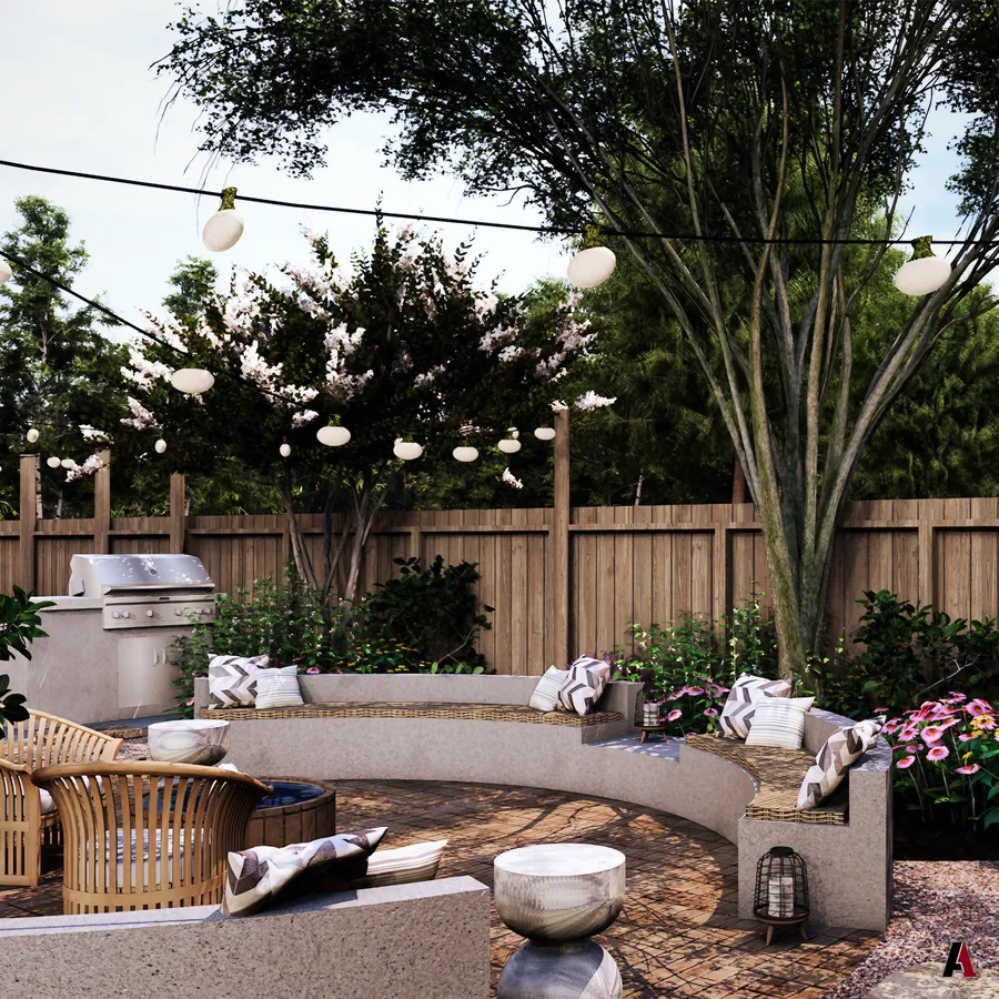 Rendering of a courtyard lounge with curved seating and an outdoor grill by A1 Design and Construction